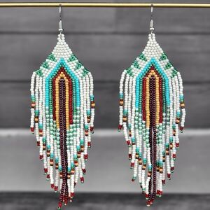 Handmade Gita Boho Beaded Earrings Tribal White Ethnic Bohemian Statement Dangle